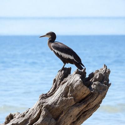 The primary subject of the image is a bird perched on a tree branch. The bird is black and white, and it appears to be a large bird, possibly a duck. The setting is a beach, with the ocean visible in the background. The visual style of the image is a photo, capturing the bird in its natural habitat. The colors and mood of the image are predominantly blue and calm, reflecting the serene beach environment.
